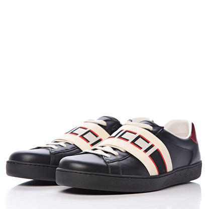 Gucci Calfskin Stripe Mens New Ace Sneakers 9 Black Ecru Red Flame 3 of 9