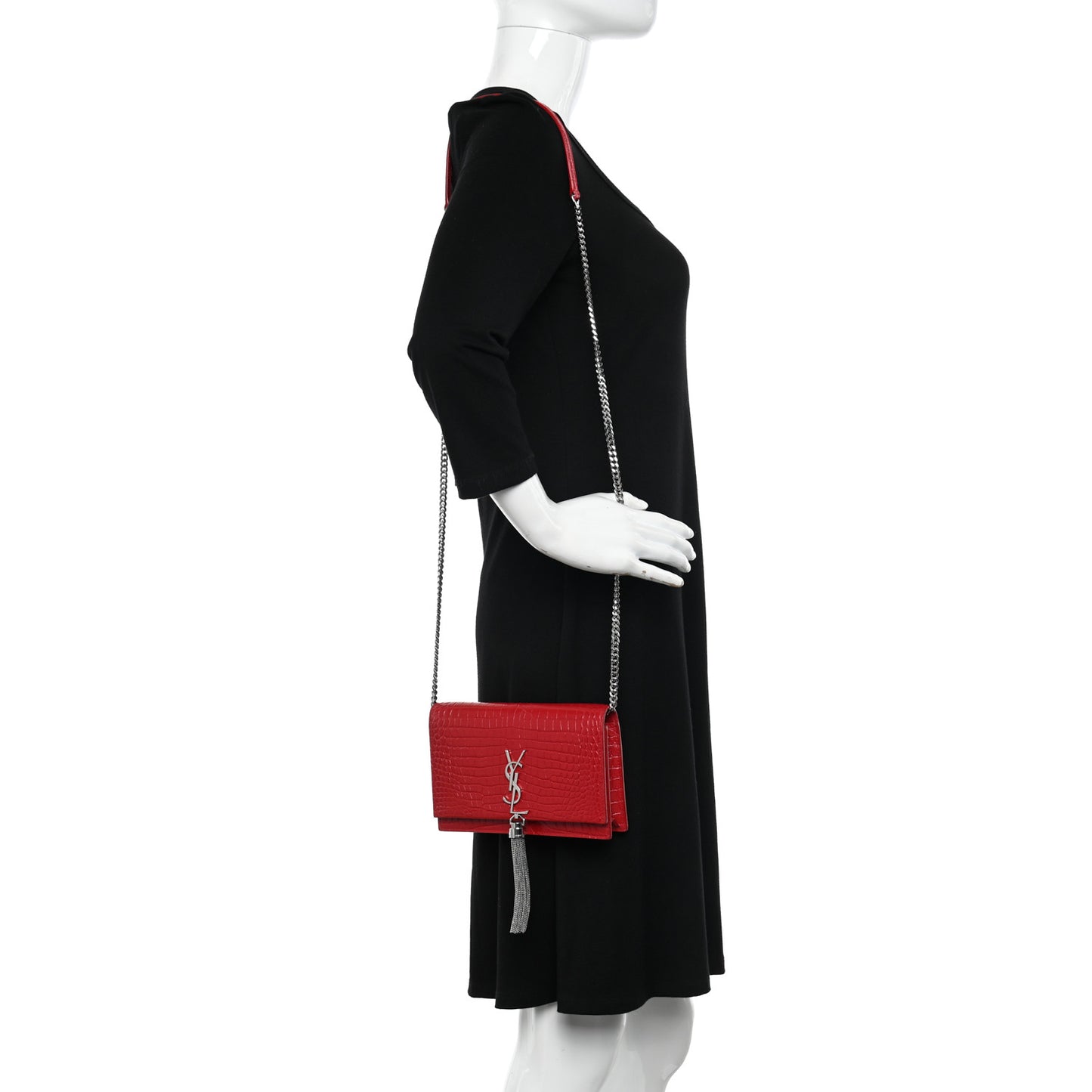 Calfskin Crocodile Embossed Kate Monogram Tassel Chain Wallet Red