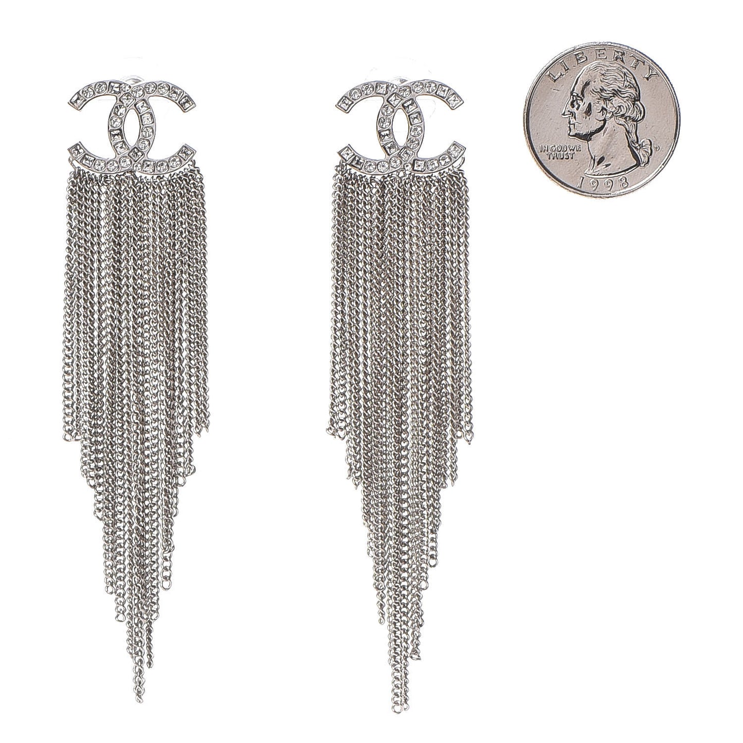 Baguette Crystal CC Chain Drop Earrings Silver