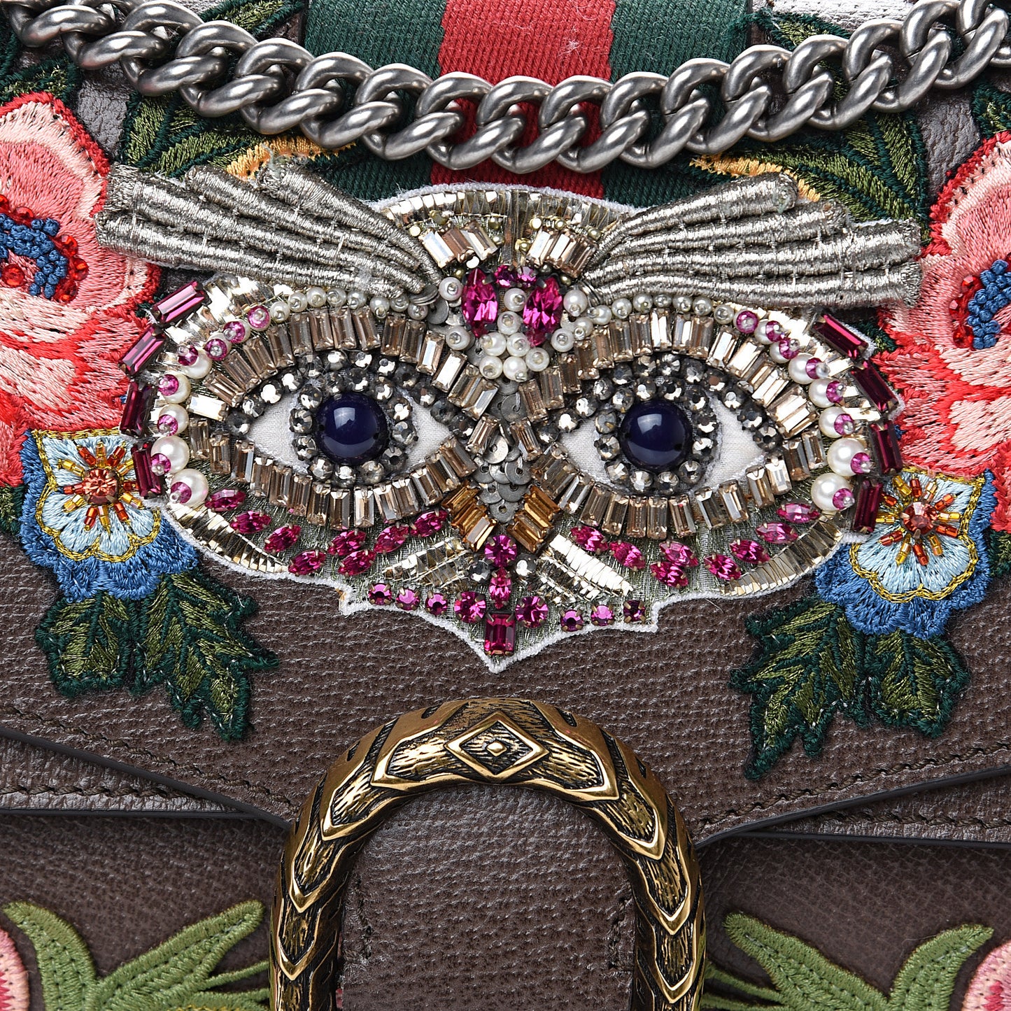 Calfskin Web Owl Embroidered Medium Dionysus Shoulder Bag New Acero Multicolor