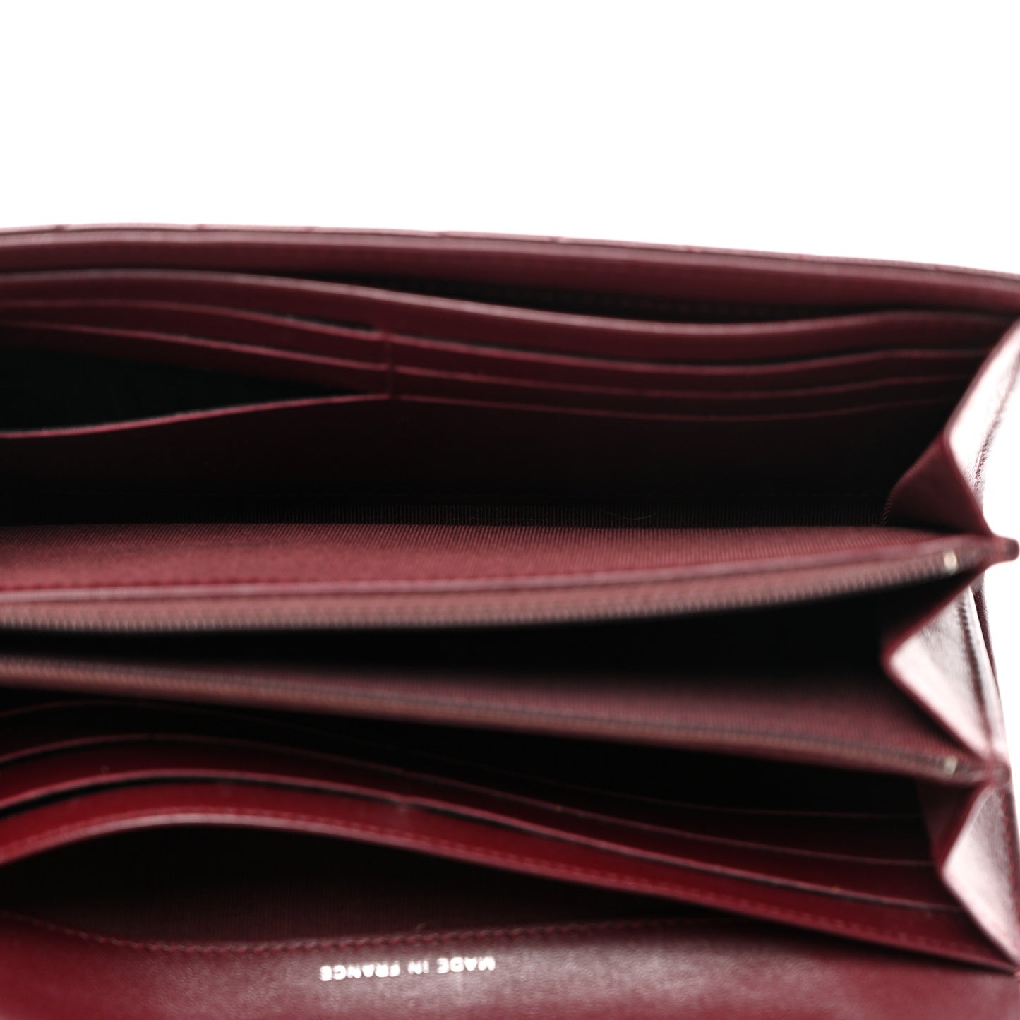 Striated Patent Quilted Large Gusset Flap Wallet Bordeaux
