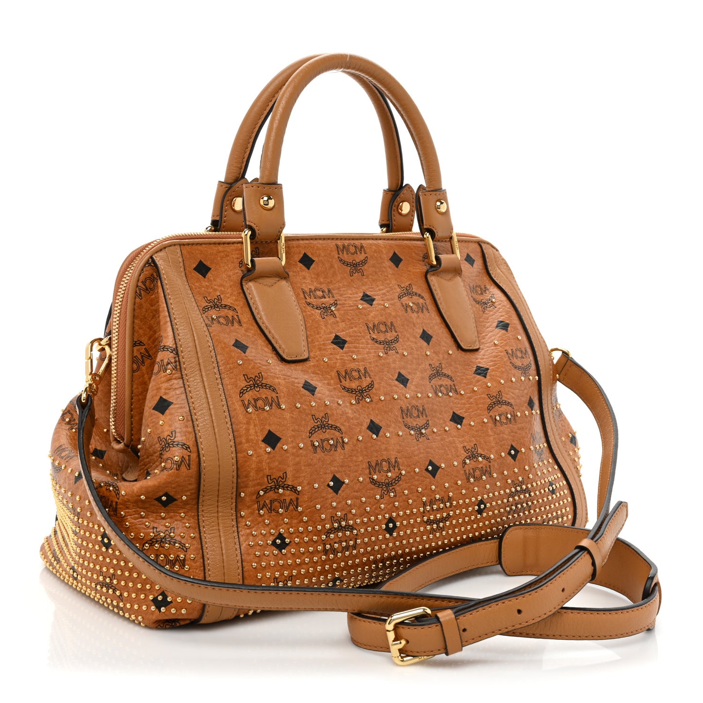 Visetos Studded Boston Satchel Cognac