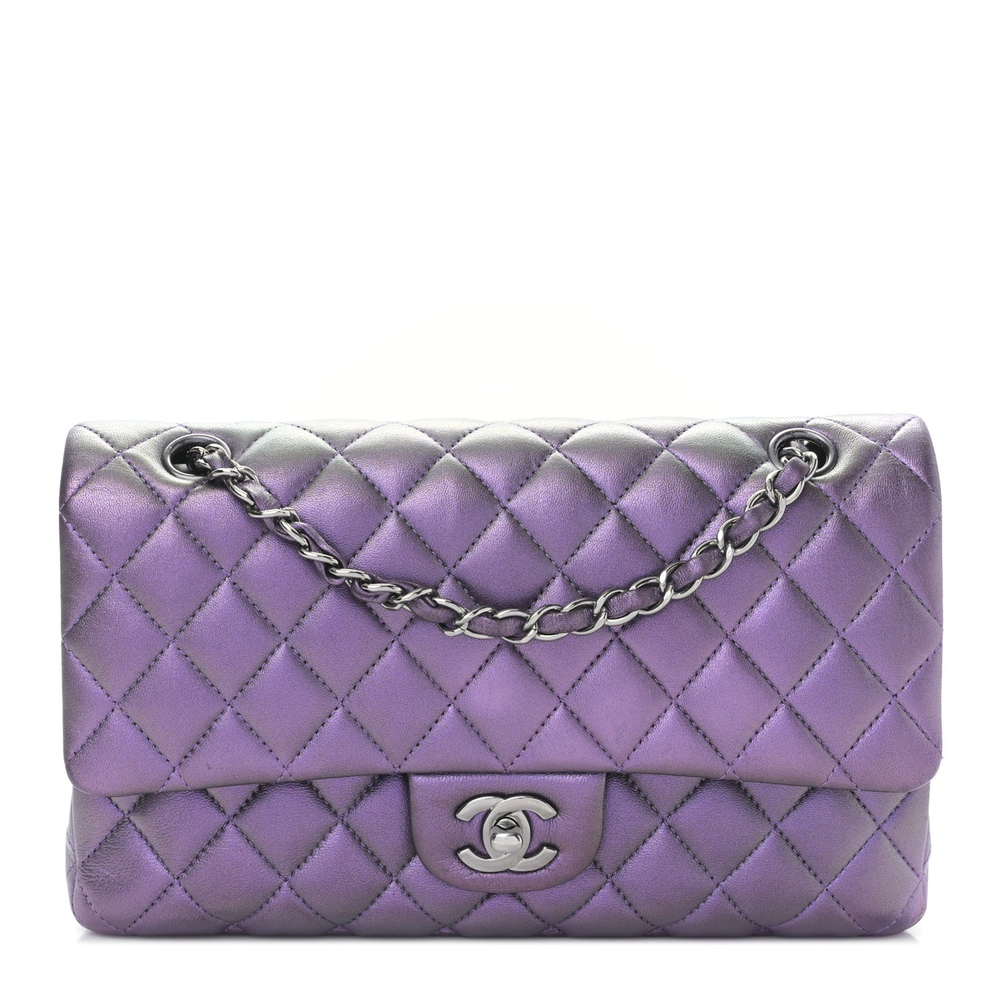 Iridescent Lambskin Quilted Medium Double Flap Dark Purple