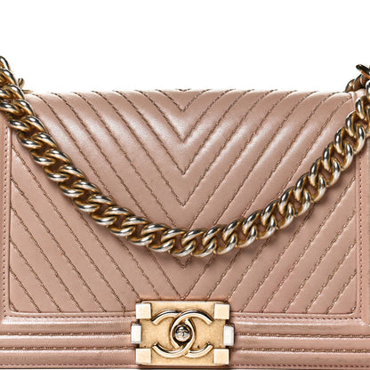 Chanel Lambskin Chevron Chain Stitched Medium Boy Flap Beige 8 of 14
