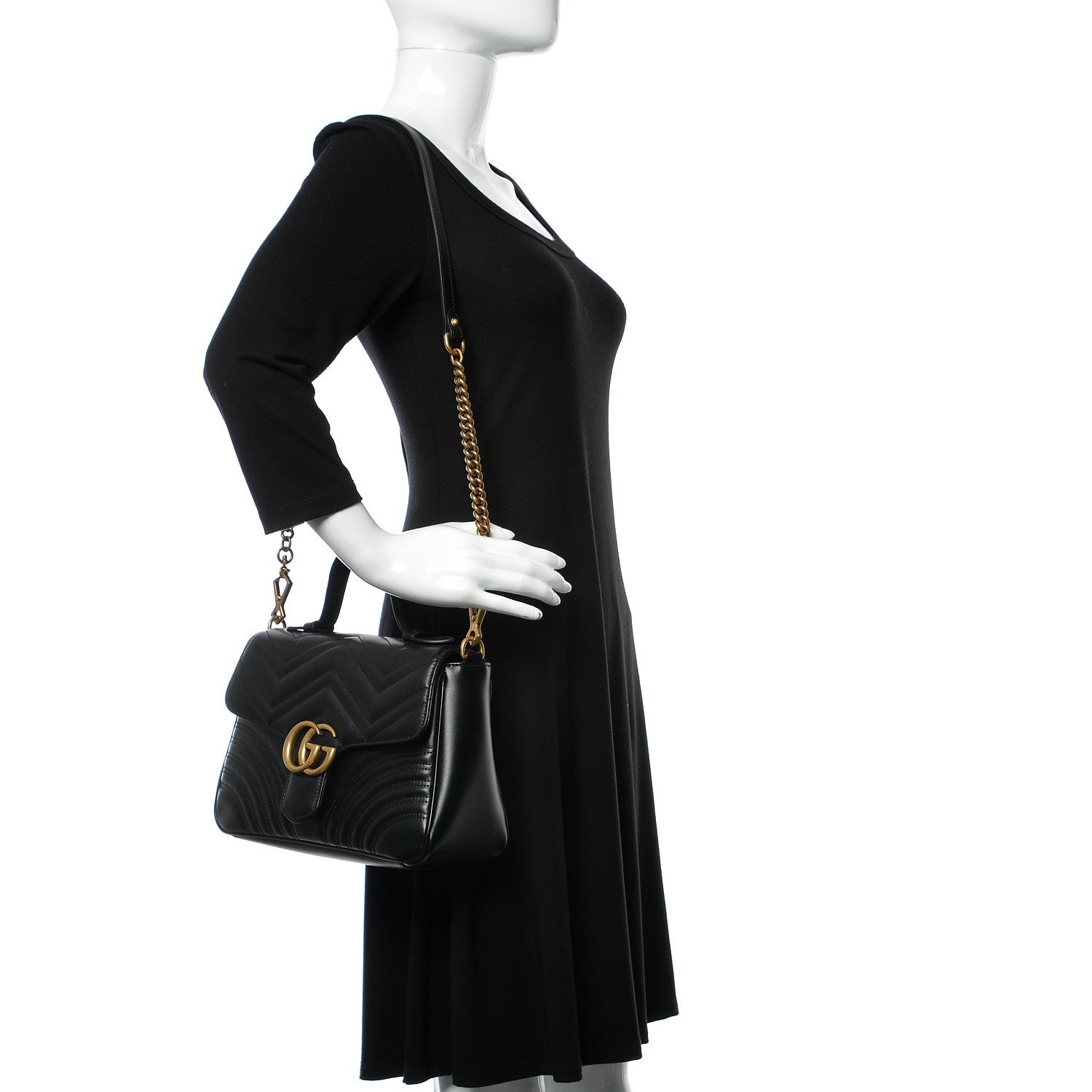 Gucci Calfskin Matelasse Small GG Marmont Top Handle Shoulder Bag Black 2 of 9