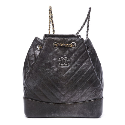 Chanel Metallic Grained Goatskin Chevron Quilted Gabrielle Backpack Dark Silver Gold 1 of 10