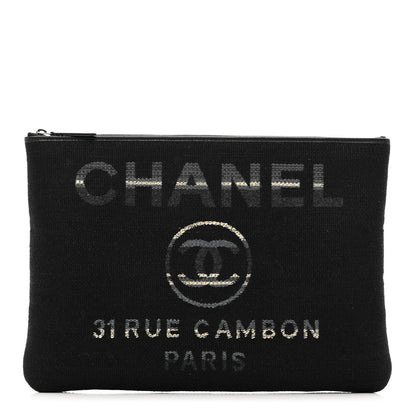 Chanel Striped Canvas Medium Deauville Cosmetic Pouch Grey Black 1 of 8