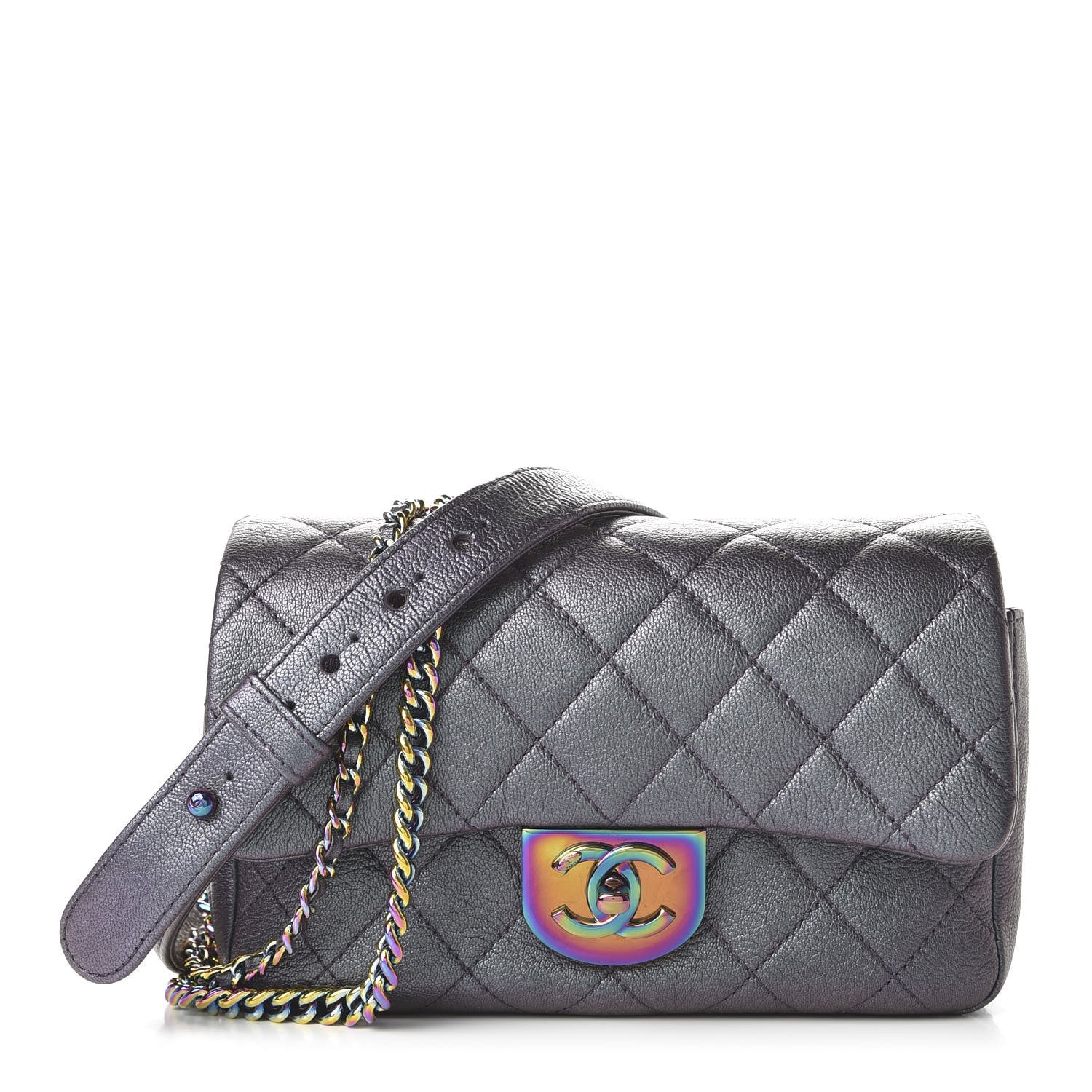Chanel Iridescent Goatskin Quilted Small Double Carry Waist Chain Flap Purple 1 of 10