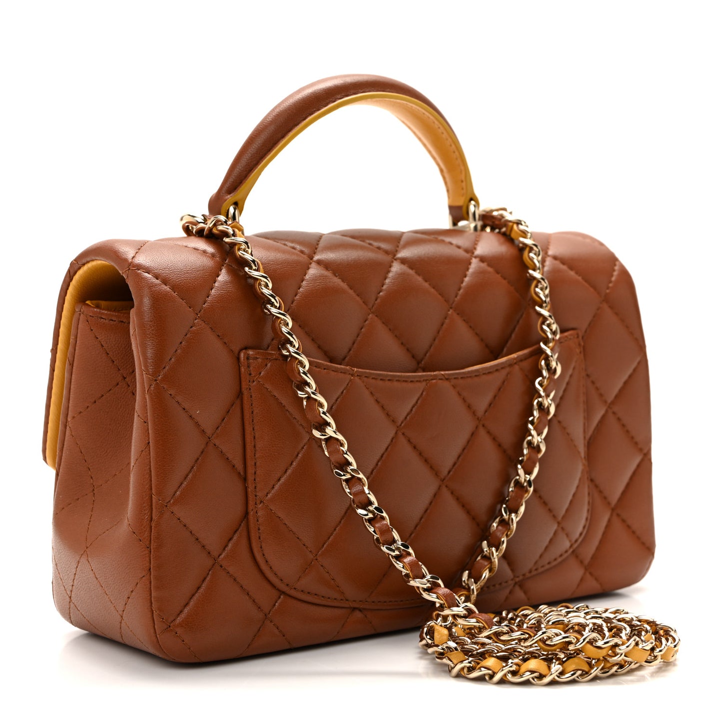 Lambskin Quilted Bi-Color Mini Top Handle Rectangular Flap Light Brown Yellow