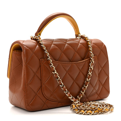 Chanel Lambskin Quilted Bi-Color Mini Top Handle Rectangular Flap Light Brown Yellow 3 of 10