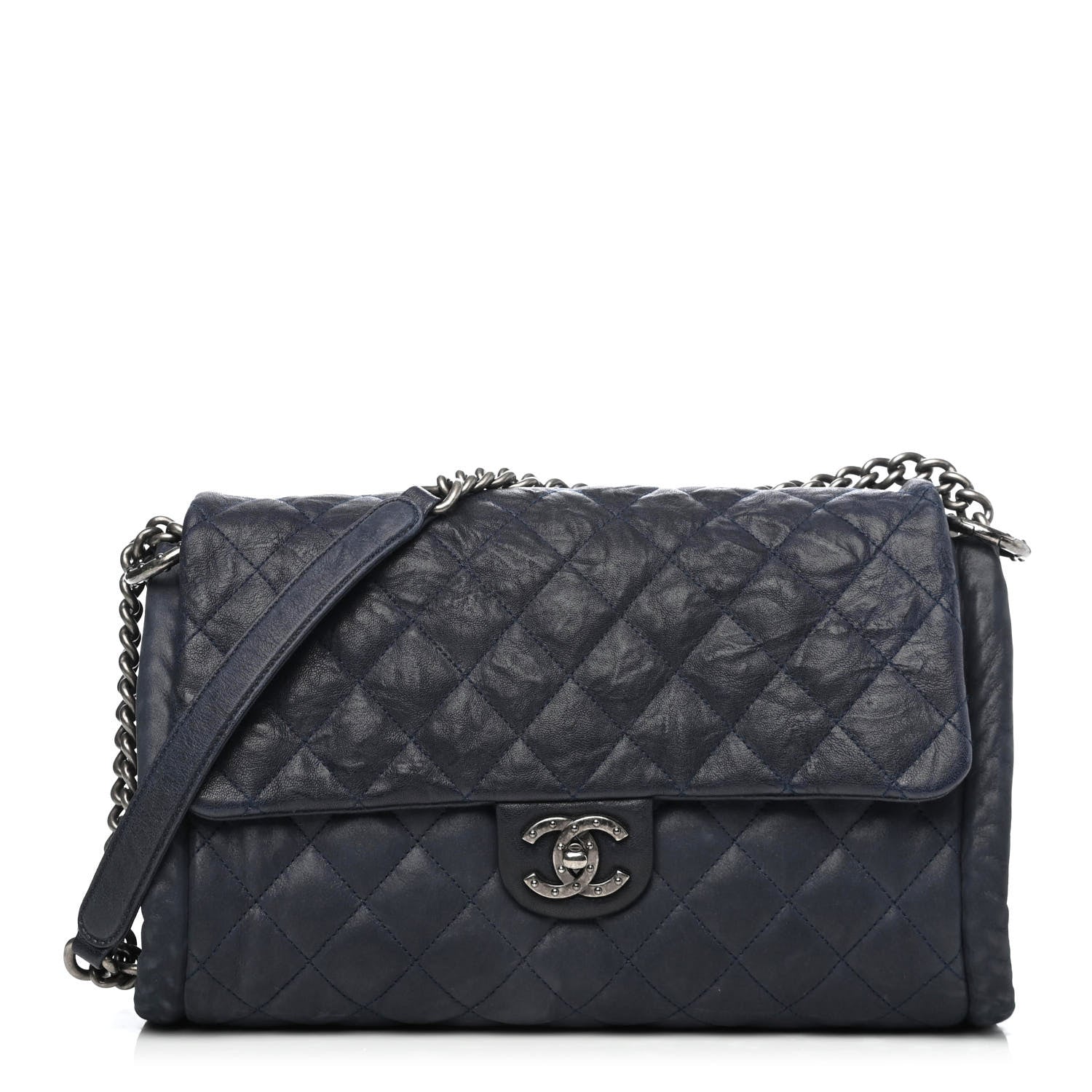 Chanel Washed Lambskin Quilted Studded CC Flap Blue Black 1 of 4