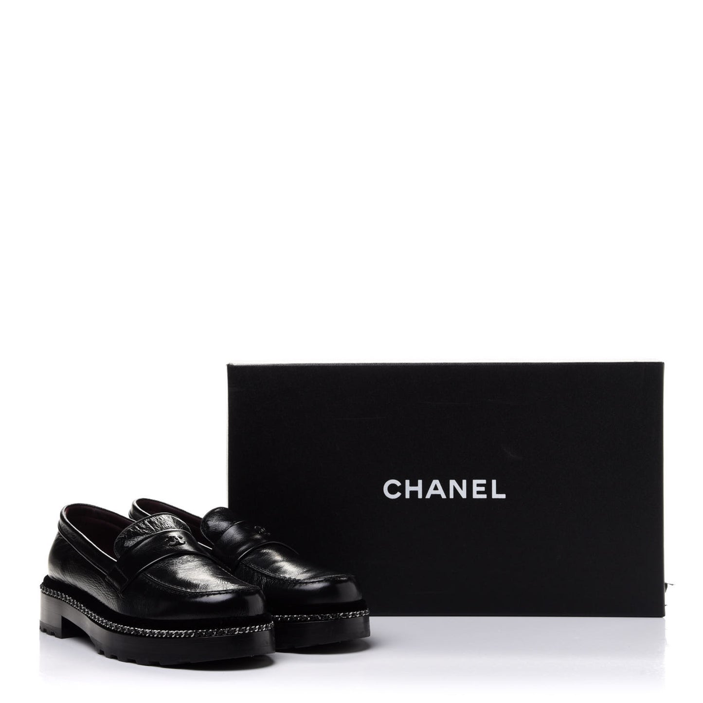 Crinkled Calfskin Velvet CC Chain Mocassin Loafers 38 Black