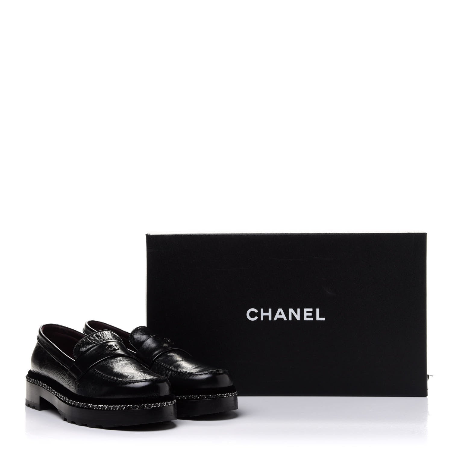 Chanel Crinkled Calfskin Velvet CC Chain Mocassin Loafers 38 Black 10 of 10