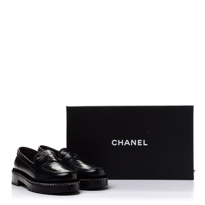Chanel Crinkled Calfskin Velvet CC Chain Mocassin Loafers 38 Black 10 of 10