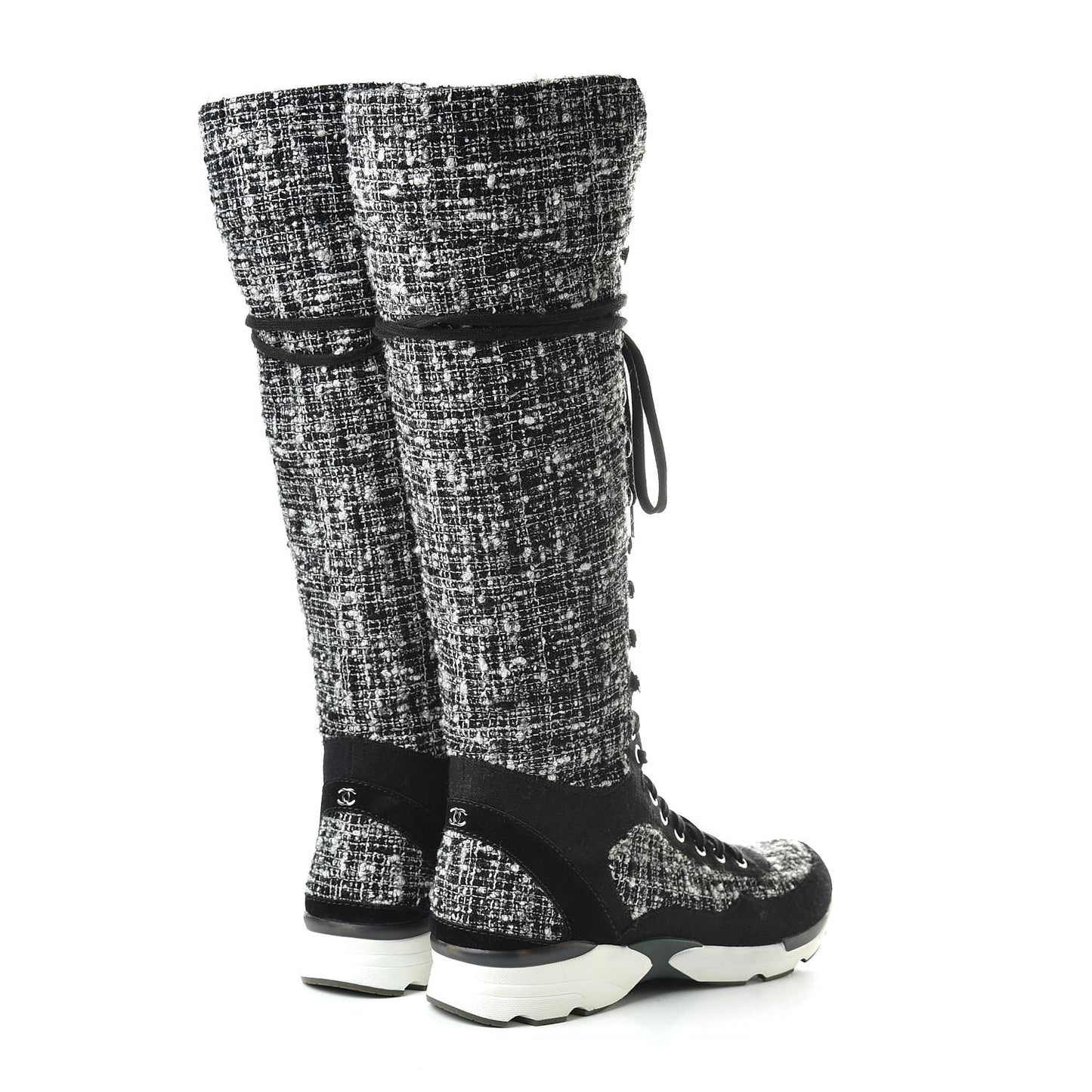 Tweed Suede Calfskin Sneaker High Boots 38.5 Black White