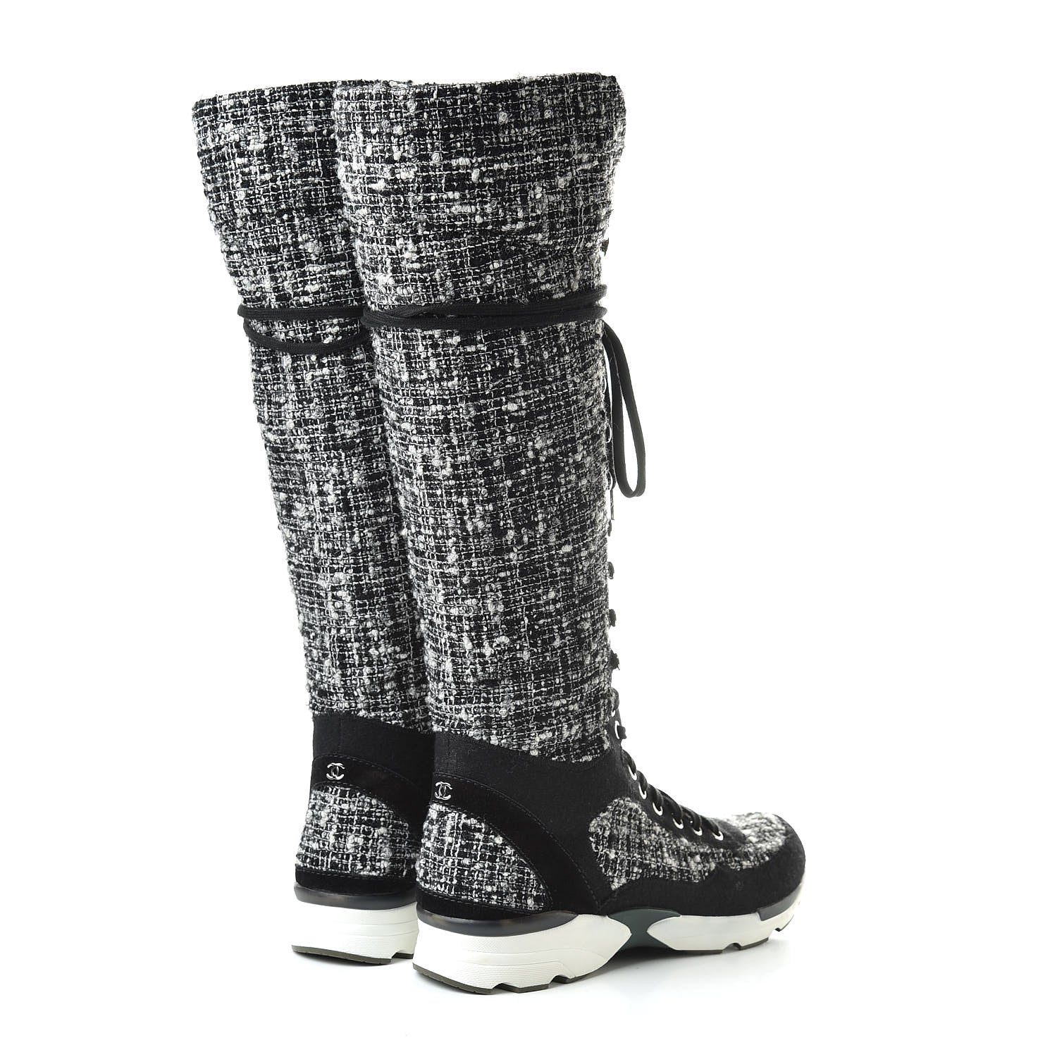 Chanel Tweed Suede Calfskin Sneaker High Boots 38.5 Black White 4 of 6