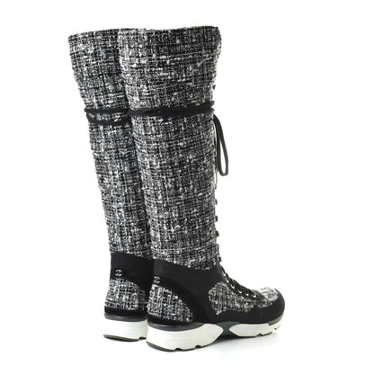 Chanel Tweed Suede Calfskin Sneaker High Boots 38.5 Black White 4 of 6