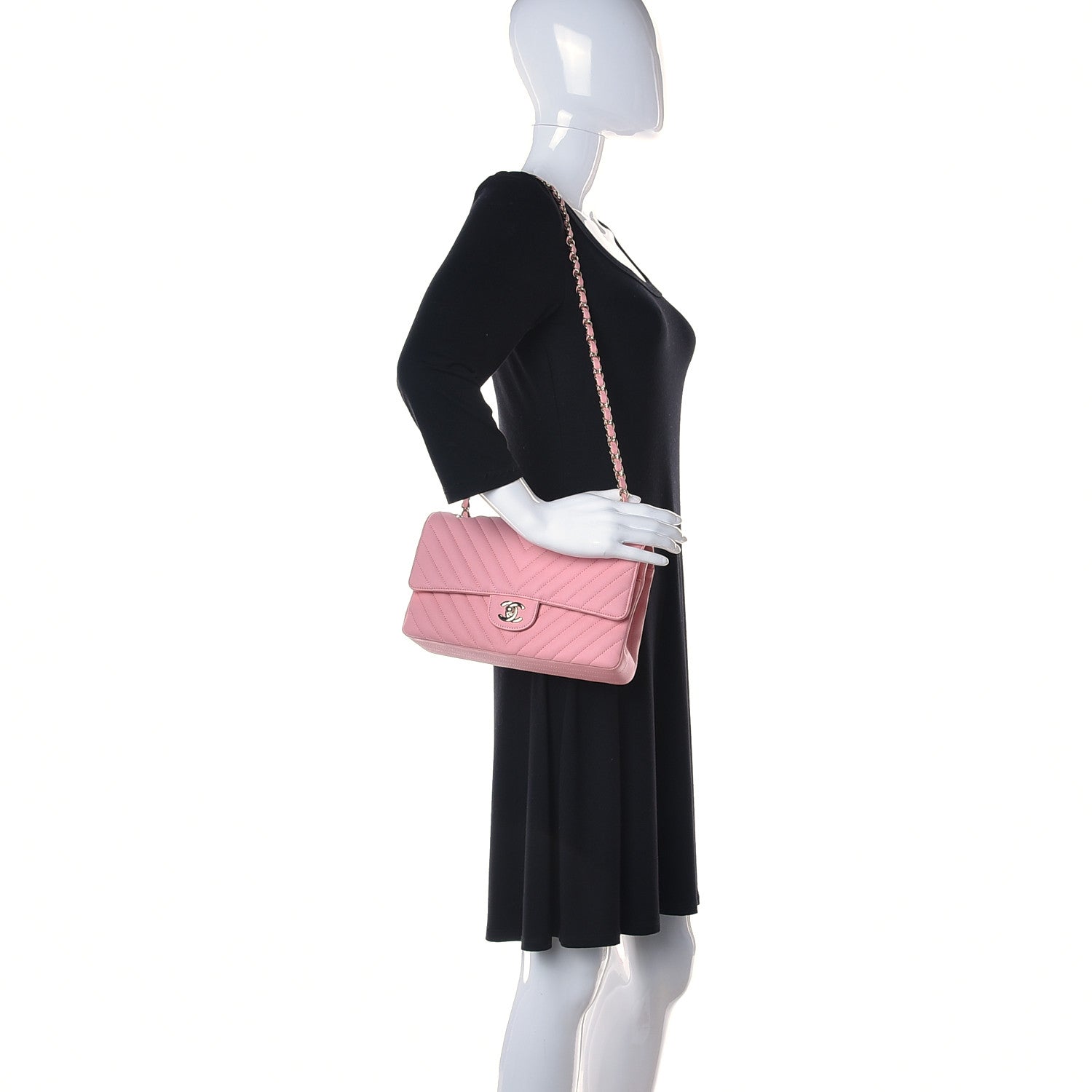 Chanel Caviar Flat Chevron Quilted Medium Double Flap Pink 2 of 11