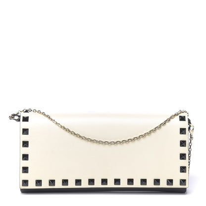 Valentino Garavani Vitello Rockstud Flap Wallet On Chain Ivory Black 1 of 13