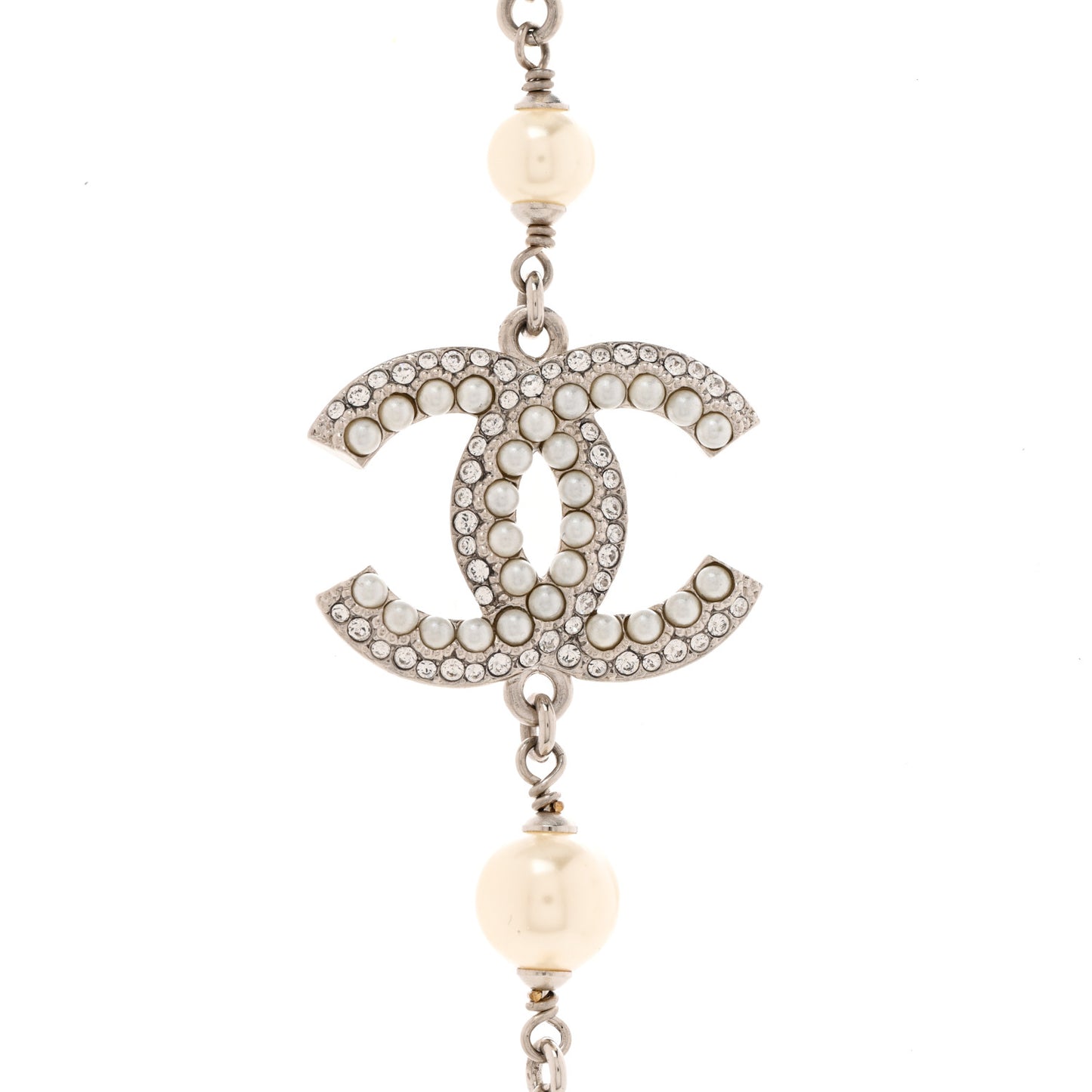 Graduated Pearl Crystal CC Long Necklace Silver