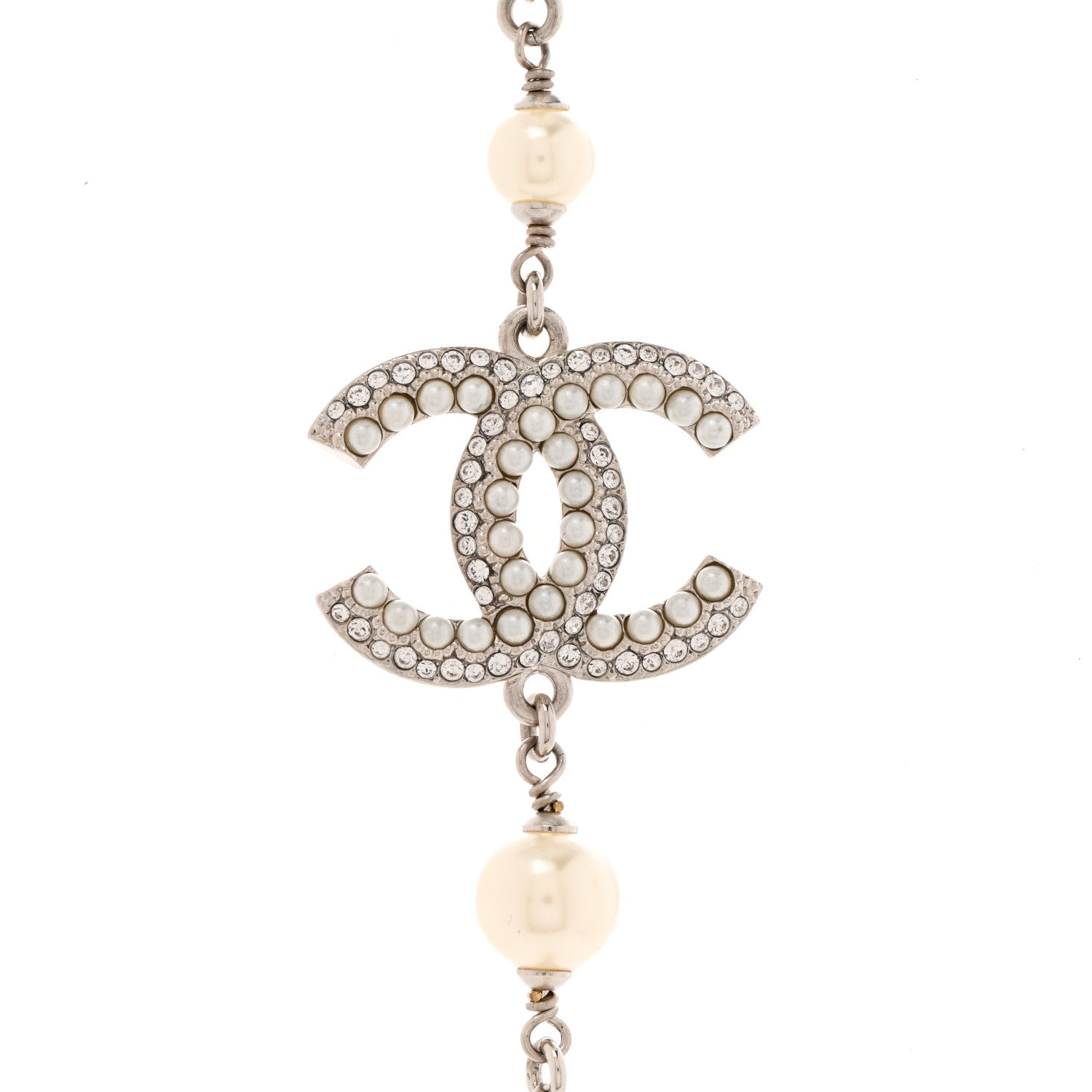 Chanel Graduated Pearl Crystal CC Long Necklace Silver 4 of 5