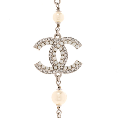 Chanel Graduated Pearl Crystal CC Long Necklace Silver 4 of 5