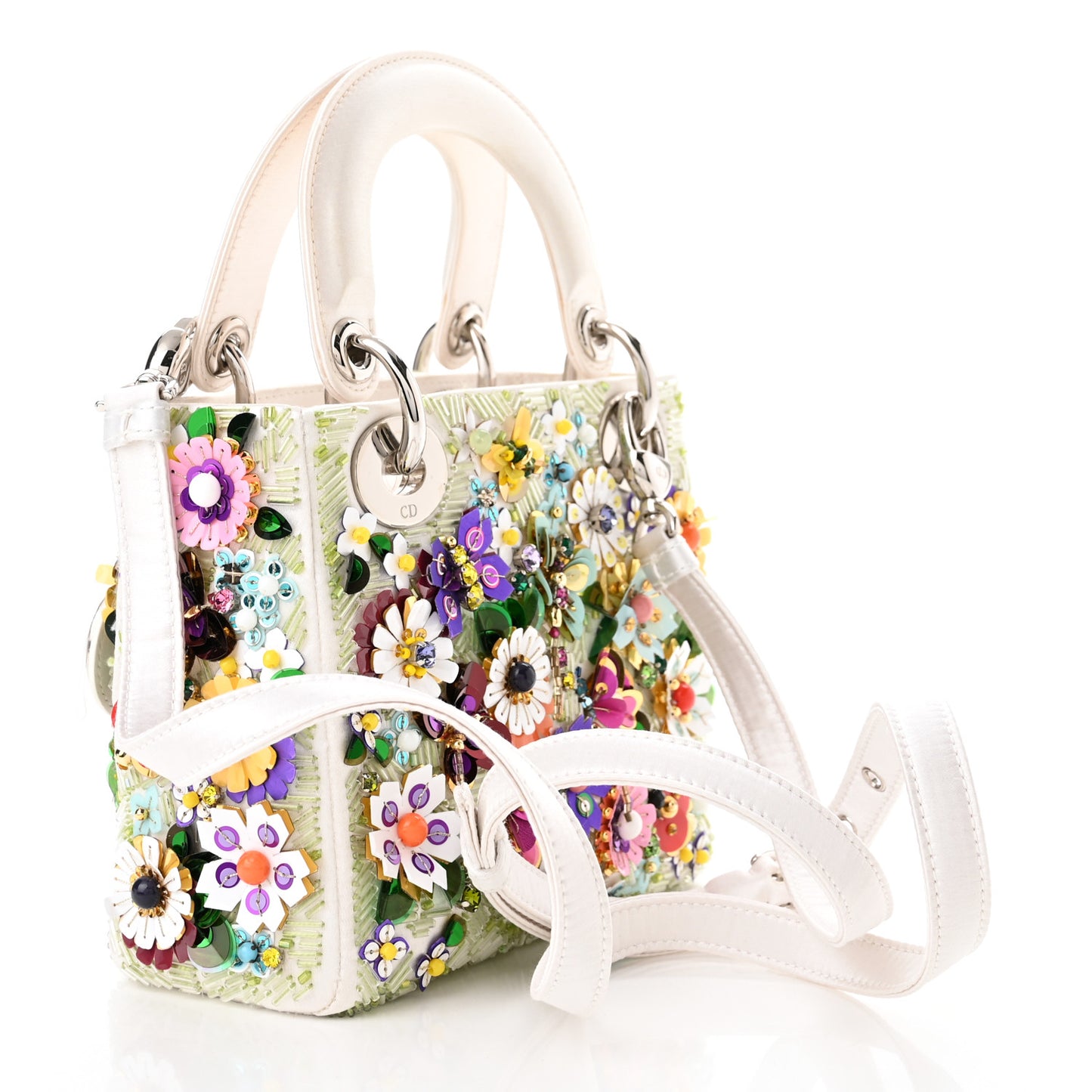 Satin Beaded Floral Embroidered Mini Lady Dior White Multicolor