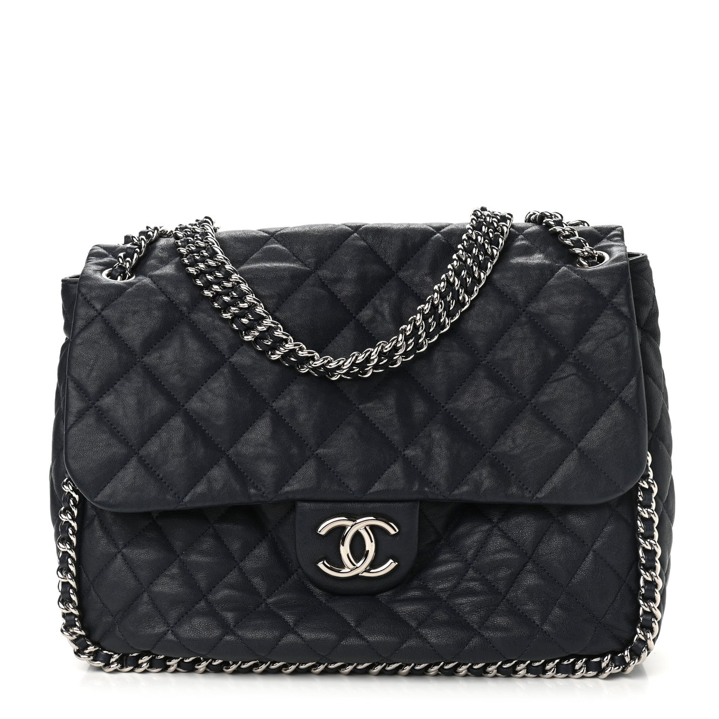 Washed Lambskin Quilted Chain Around Maxi Flap Dark Navy Blue