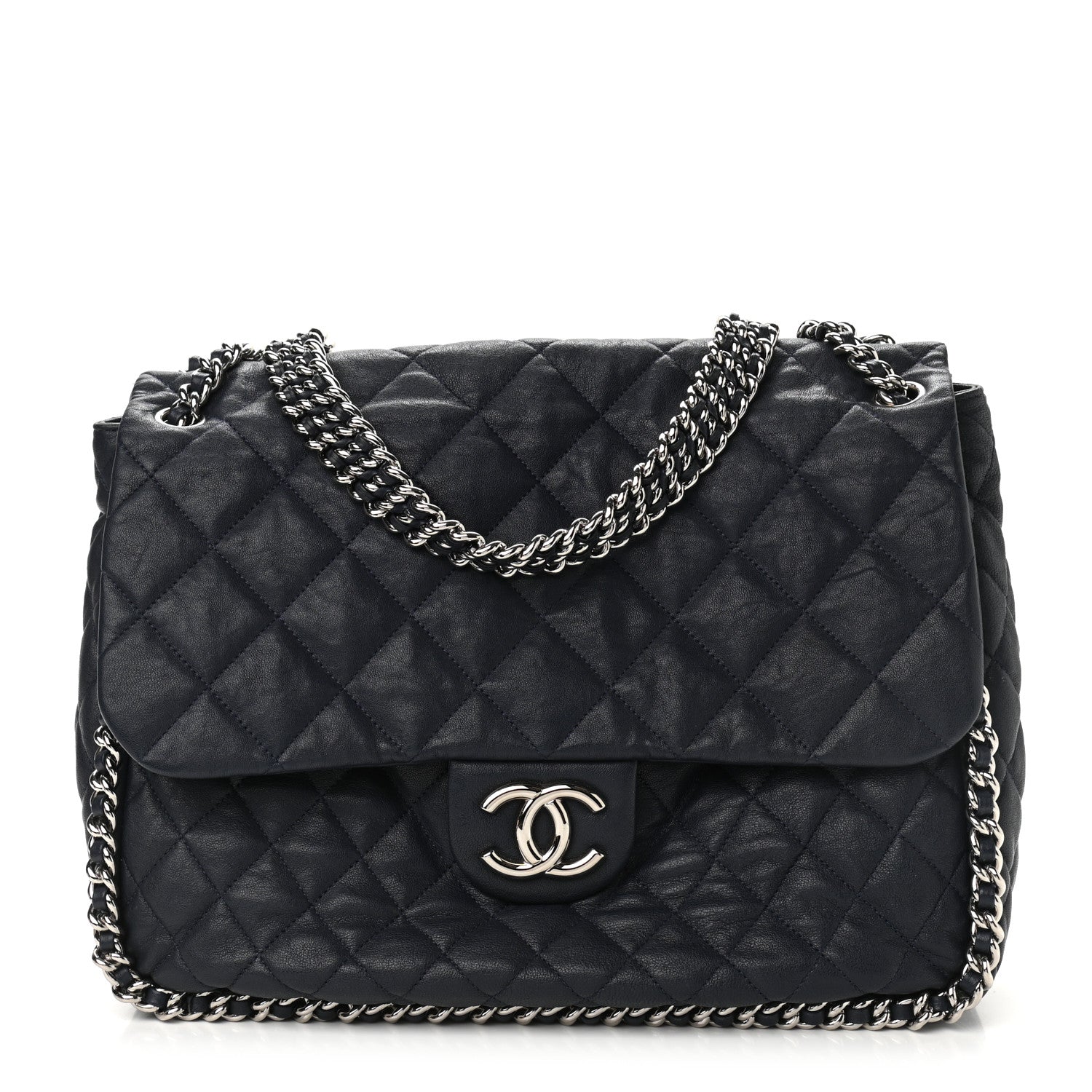 Chanel Washed Lambskin Quilted Chain Around Maxi Flap Dark Navy Blue 1 of 11