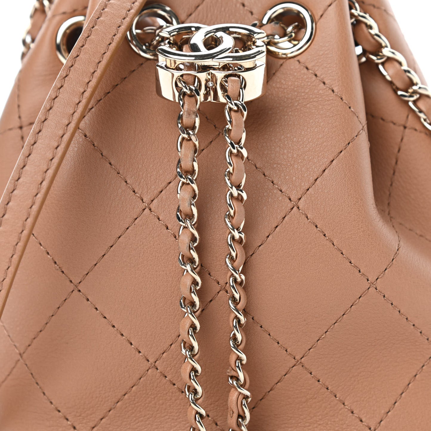 Calfskin Stitched Chain Bucket Bag Camel