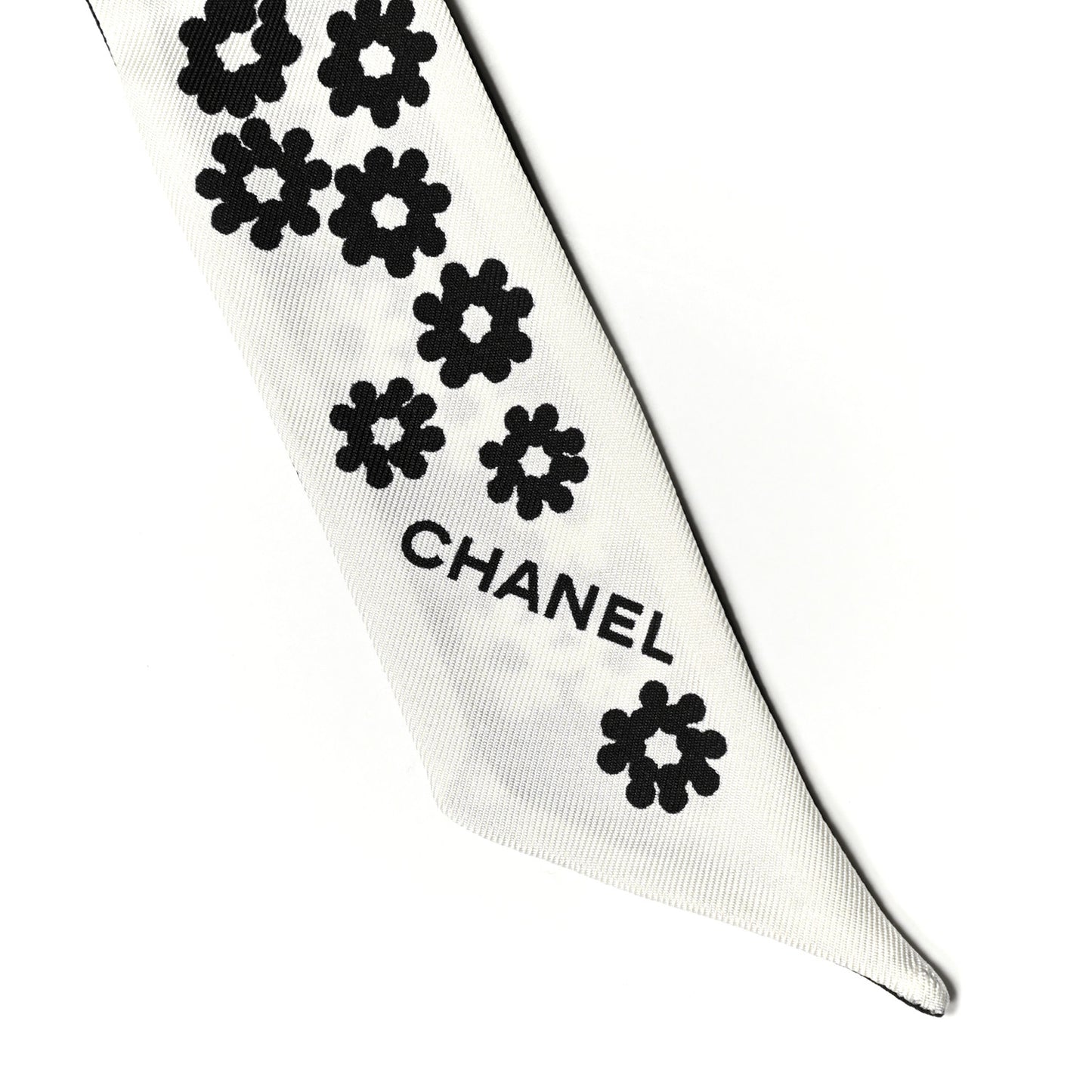 Silk Twill CC Flowers Slim Bandeau Scarf White Black