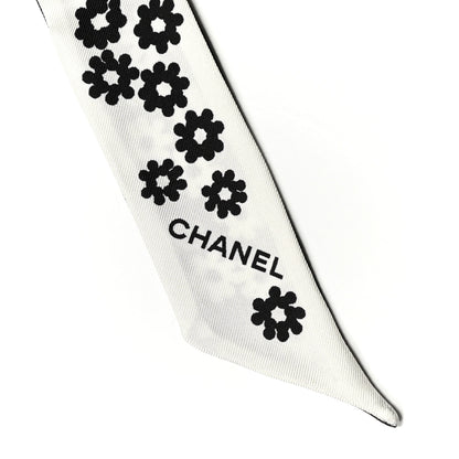 Chanel Silk Twill CC Flowers Slim Bandeau Scarf White Black 2 of 3
