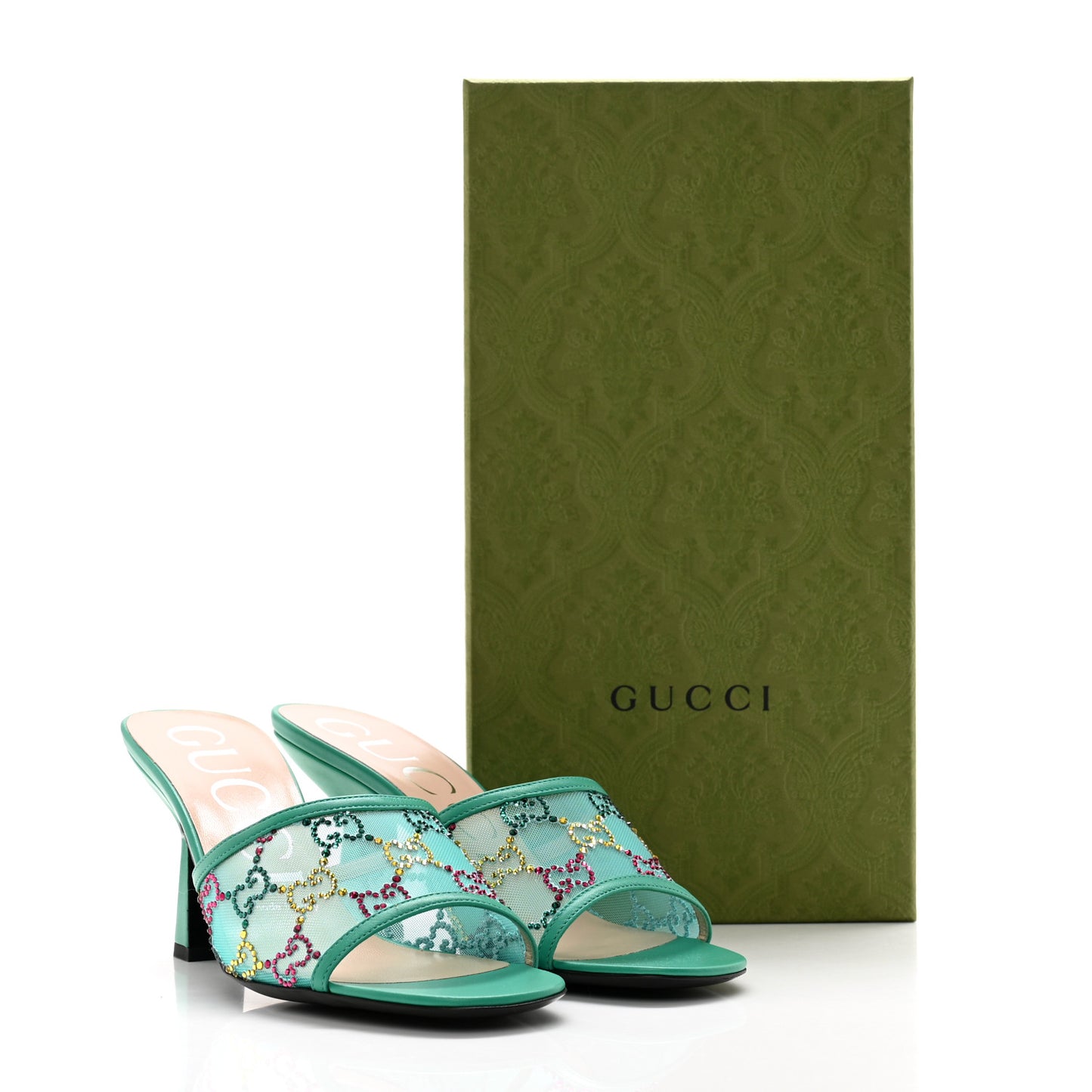 Tela Retino Nappa Crystal GG Monogram Square G 95mm Slide Sandals 37.5 Turquoise
