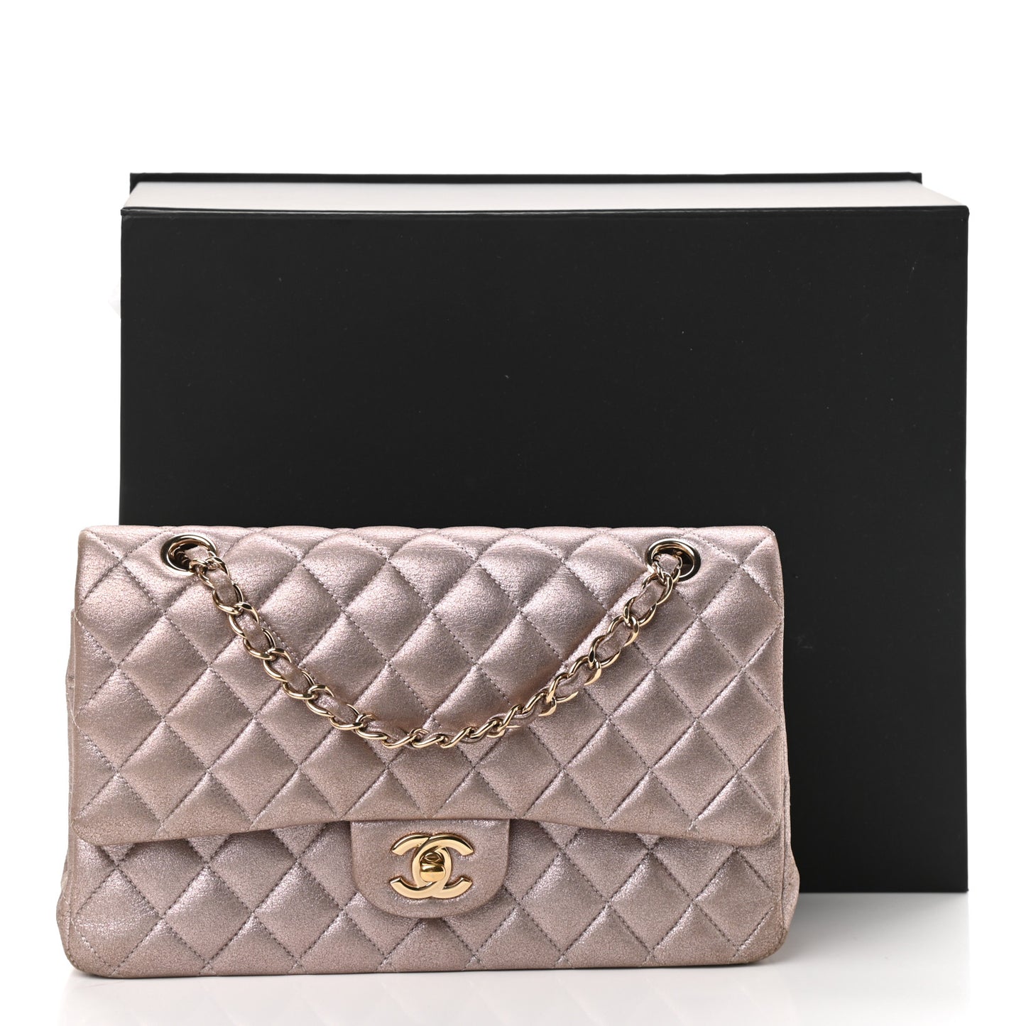 Iridescent Calfskin Quilted Medium Double Flap Light Pink