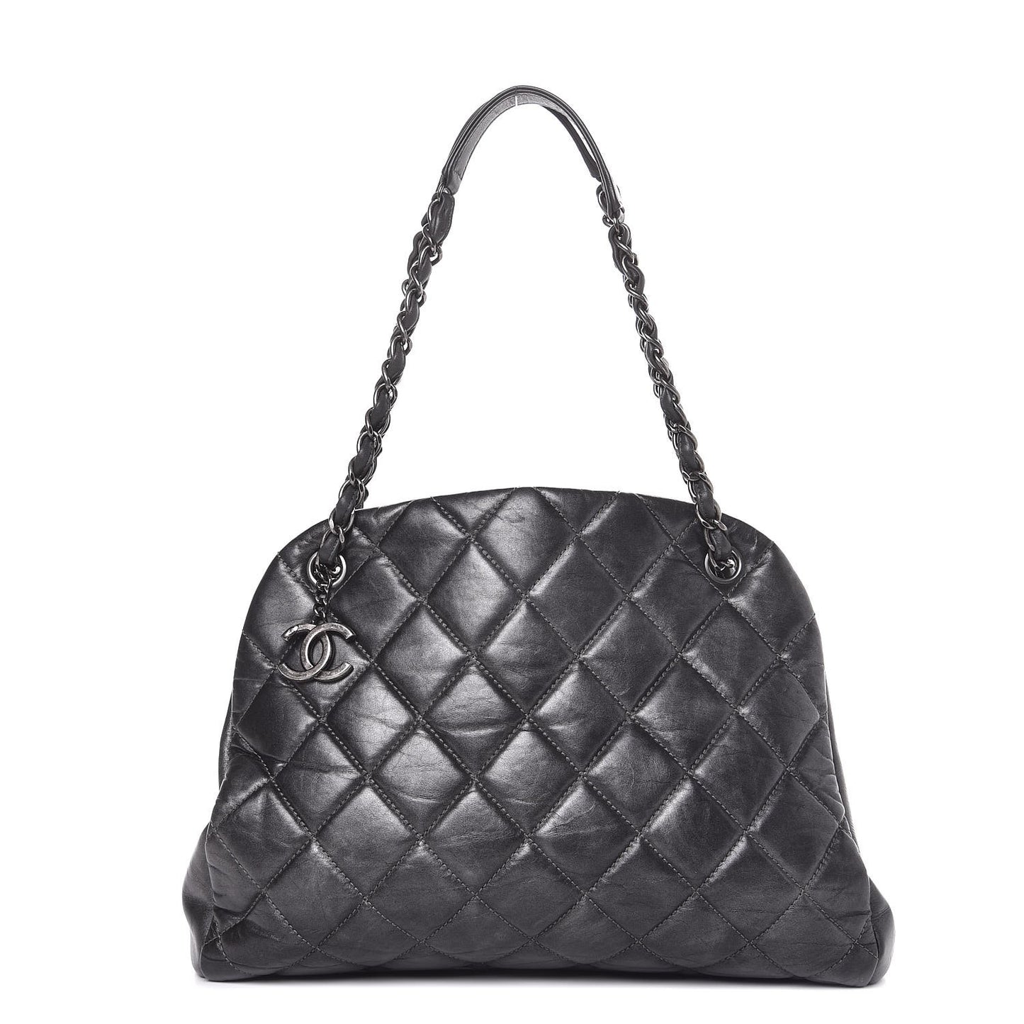 Glazed Calfskin Quilted Large Just Mademoiselle Bowling Bag Grey
