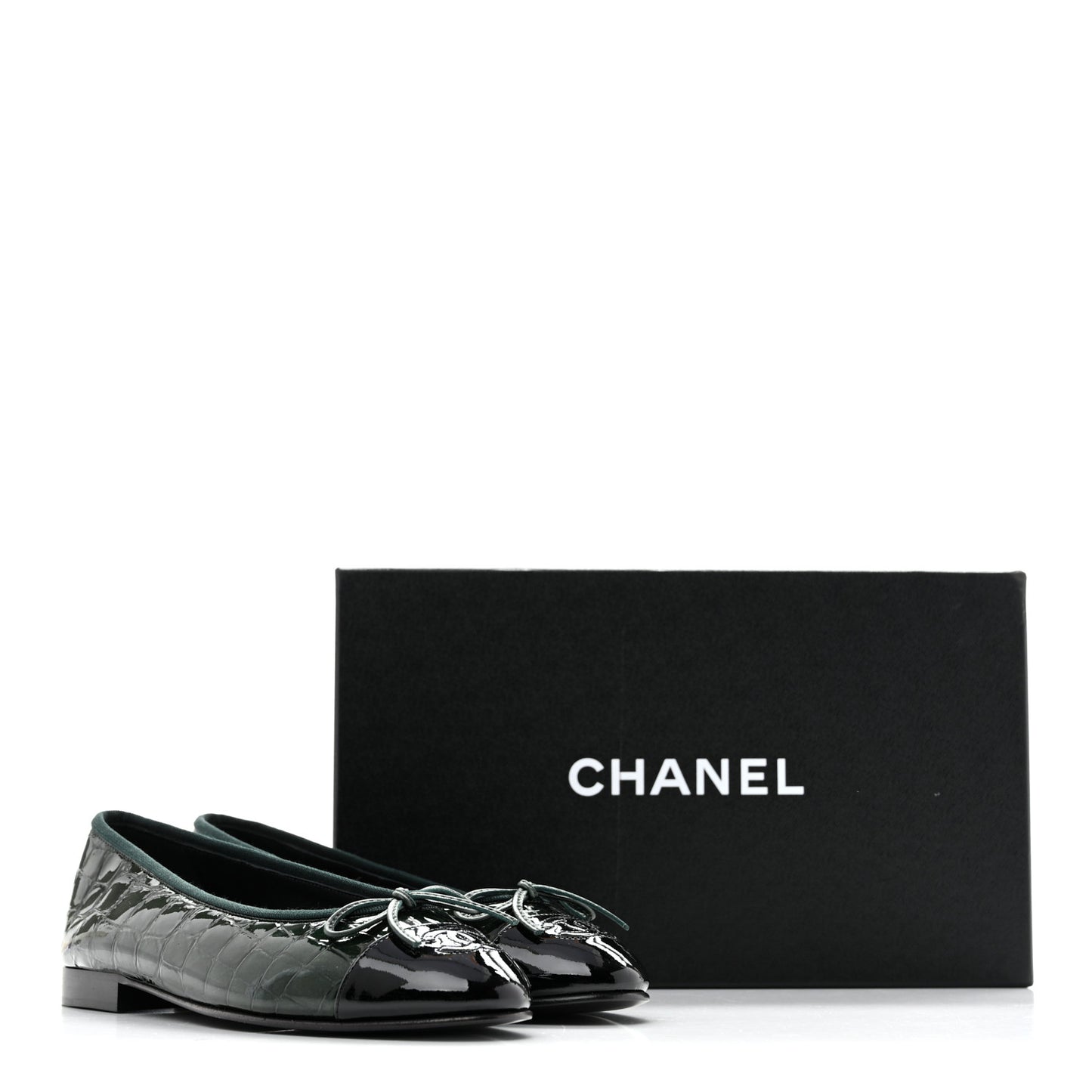 Patent Calfskin Crocodile Embossed Ballerina Flats 37 Dark Green Black