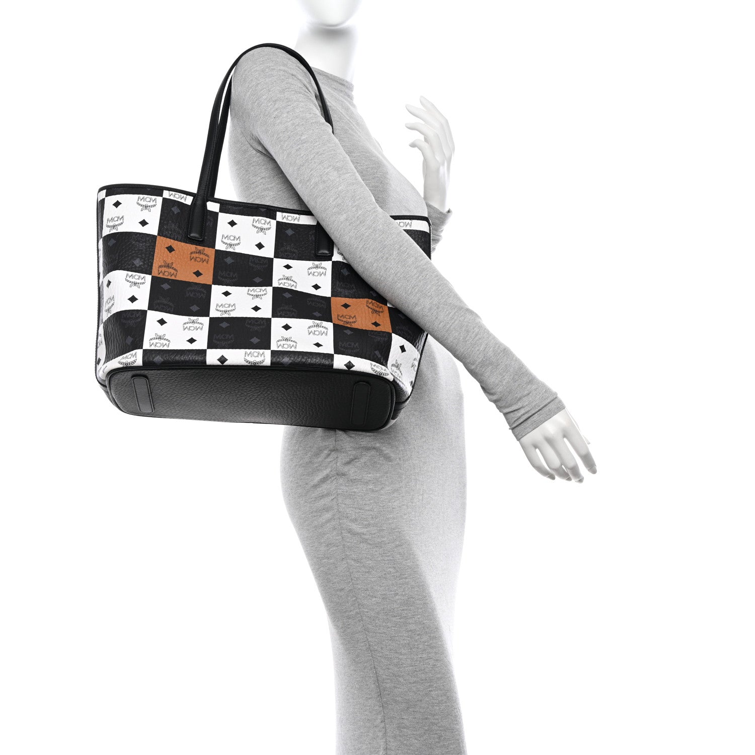MCM Checkerboard Visetos Medium Aren Shopper Tote Black White 2 of 14