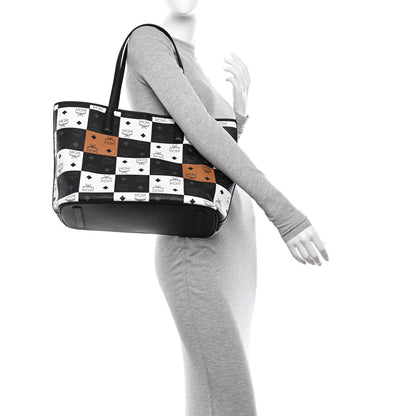 MCM Checkerboard Visetos Medium Aren Shopper Tote Black White 2 of 14