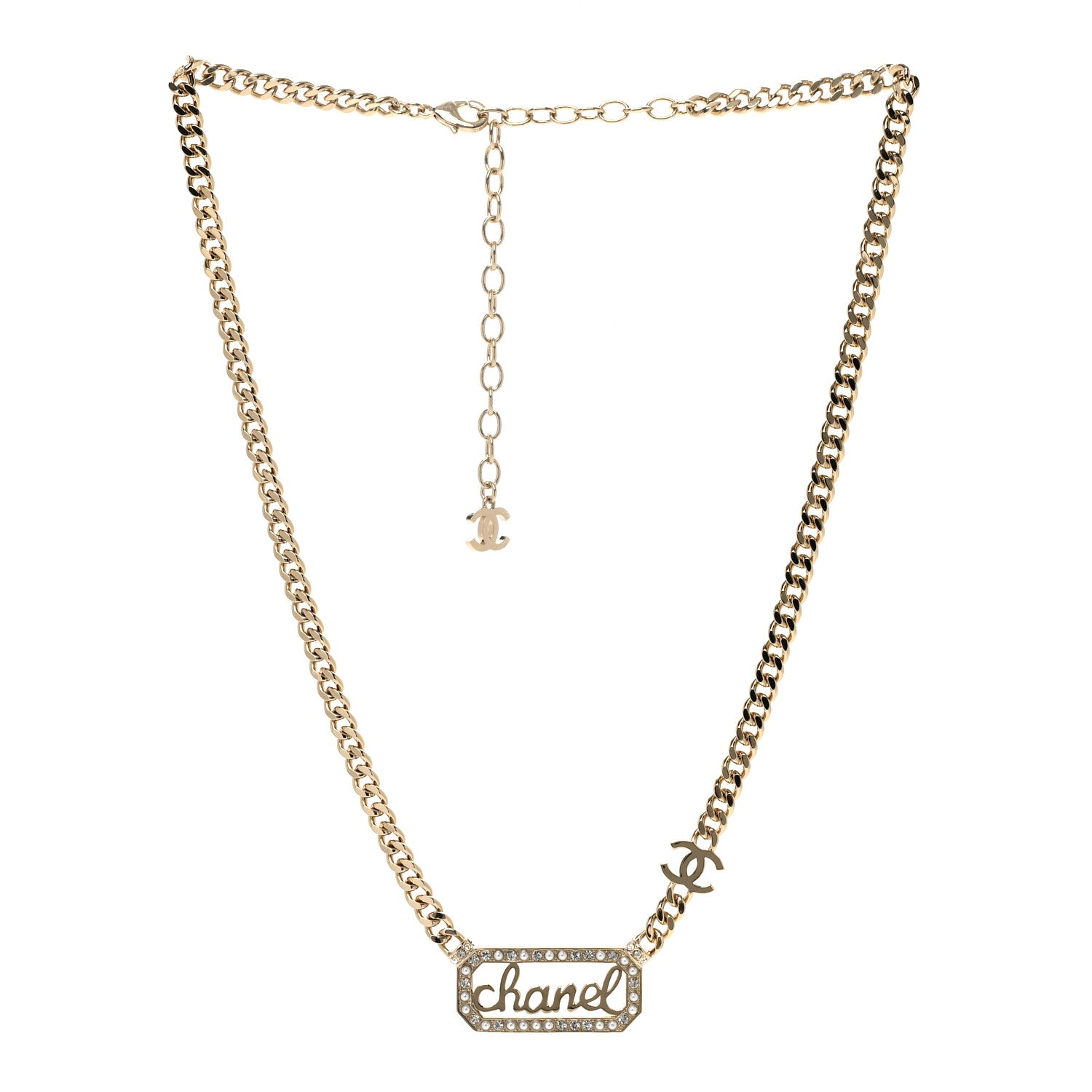 Chanel Metal Crystal Pearl Logo Necklace Gold Gold 3 of 4
