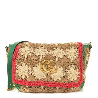 Gucci Raffia Azalea Calfskin Crochet Flower Small GG Marmont Shoulder Bag Natural Ecru Green Red New Shamarock 1 of 12