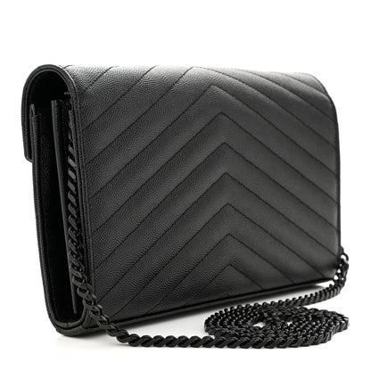Saint Laurent Grain De Poudre Matelasse Chevron Monogram Monochrome Chain Wallet Black 3 of 12