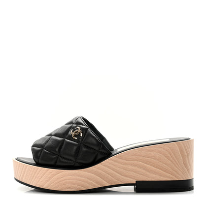Chanel Lambskin Quilted CC Wedge Sandals 38 Black 1 of 13