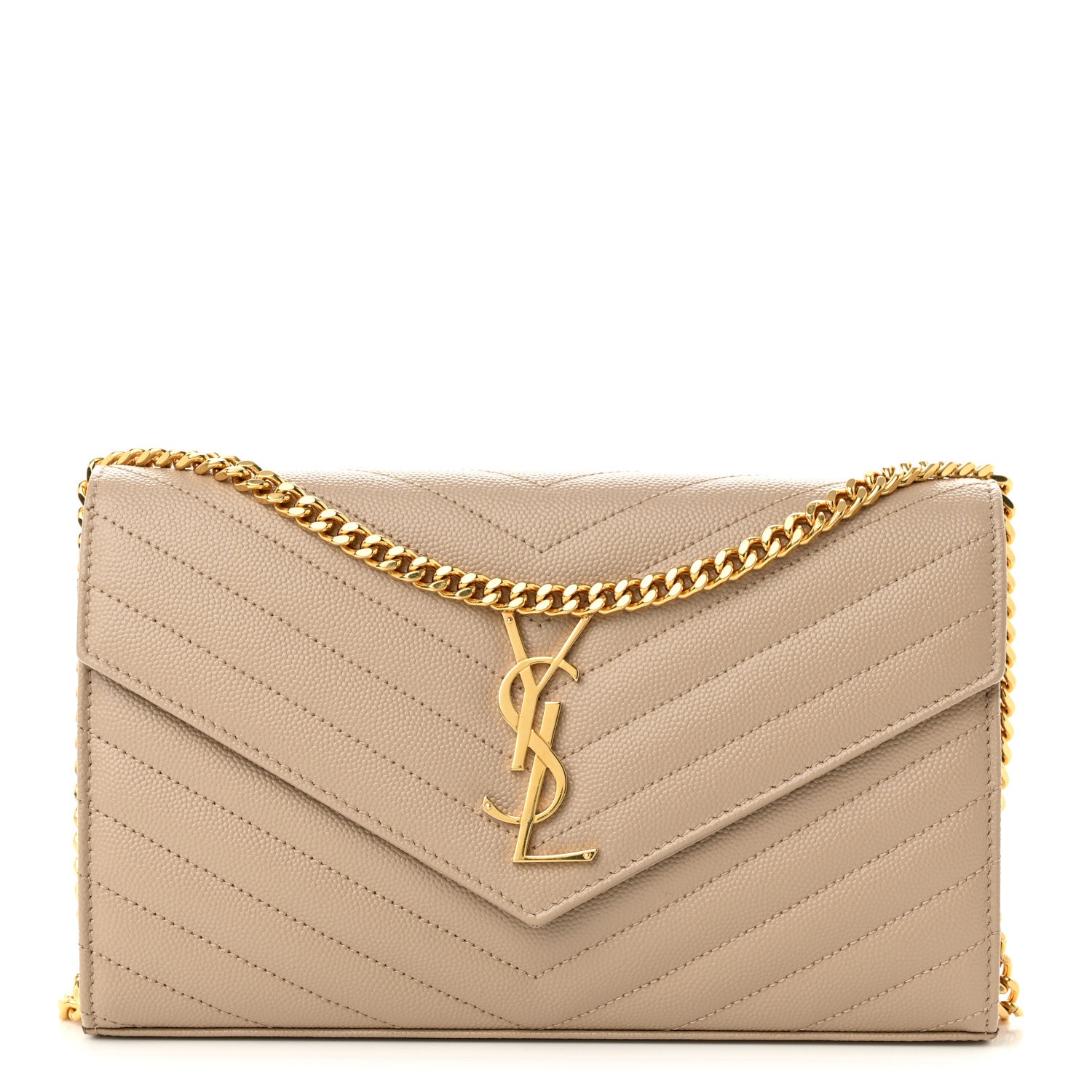 Saint Laurent Grain De Poudre Matelasse Chevron Monogram Chain Wallet Deep Beige 1 of 9