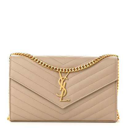 Saint Laurent Grain De Poudre Matelasse Chevron Monogram Chain Wallet Deep Beige 1 of 9