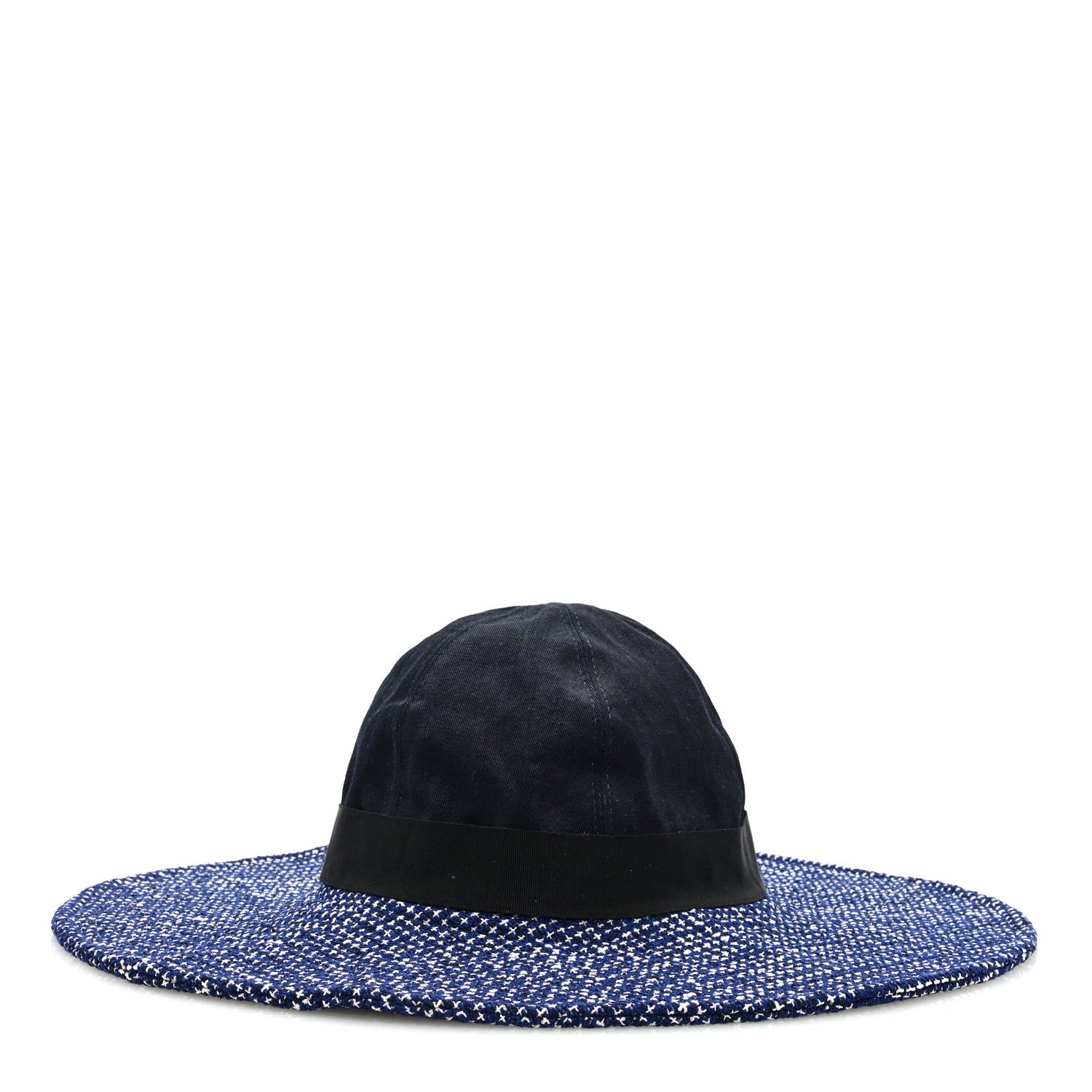 Chanel Tweed Cotton Wide Brim Hat 56 Navy White Black 4 of 8