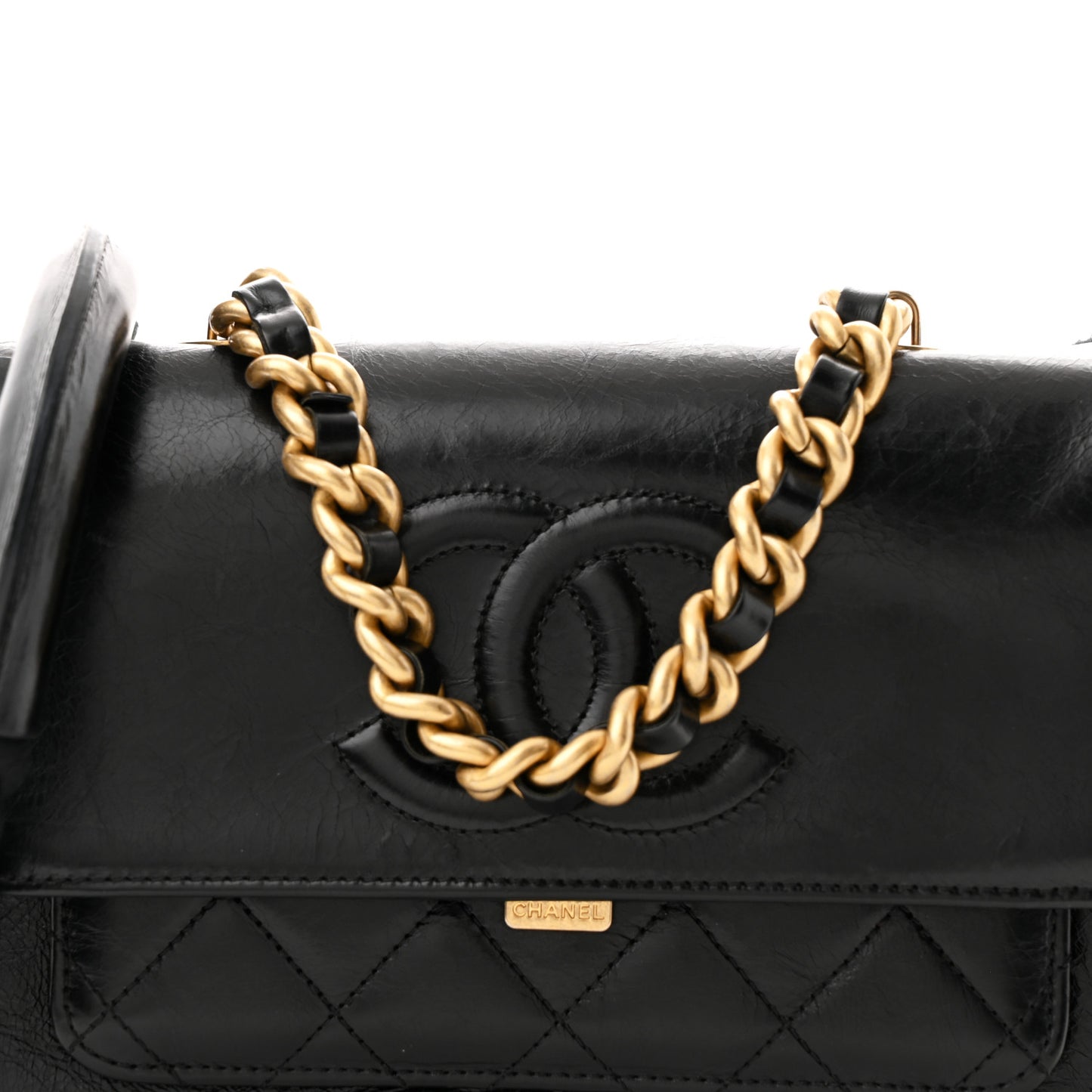 Crumpled Calfskin En Vogue Rope Flap Black