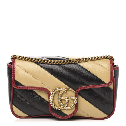 Gucci Vintage Effect Calfskin Matelasse Diagonal Striped Super Mini Torchon GG Marmont Shoulder Bag Black Beige 1 of 11