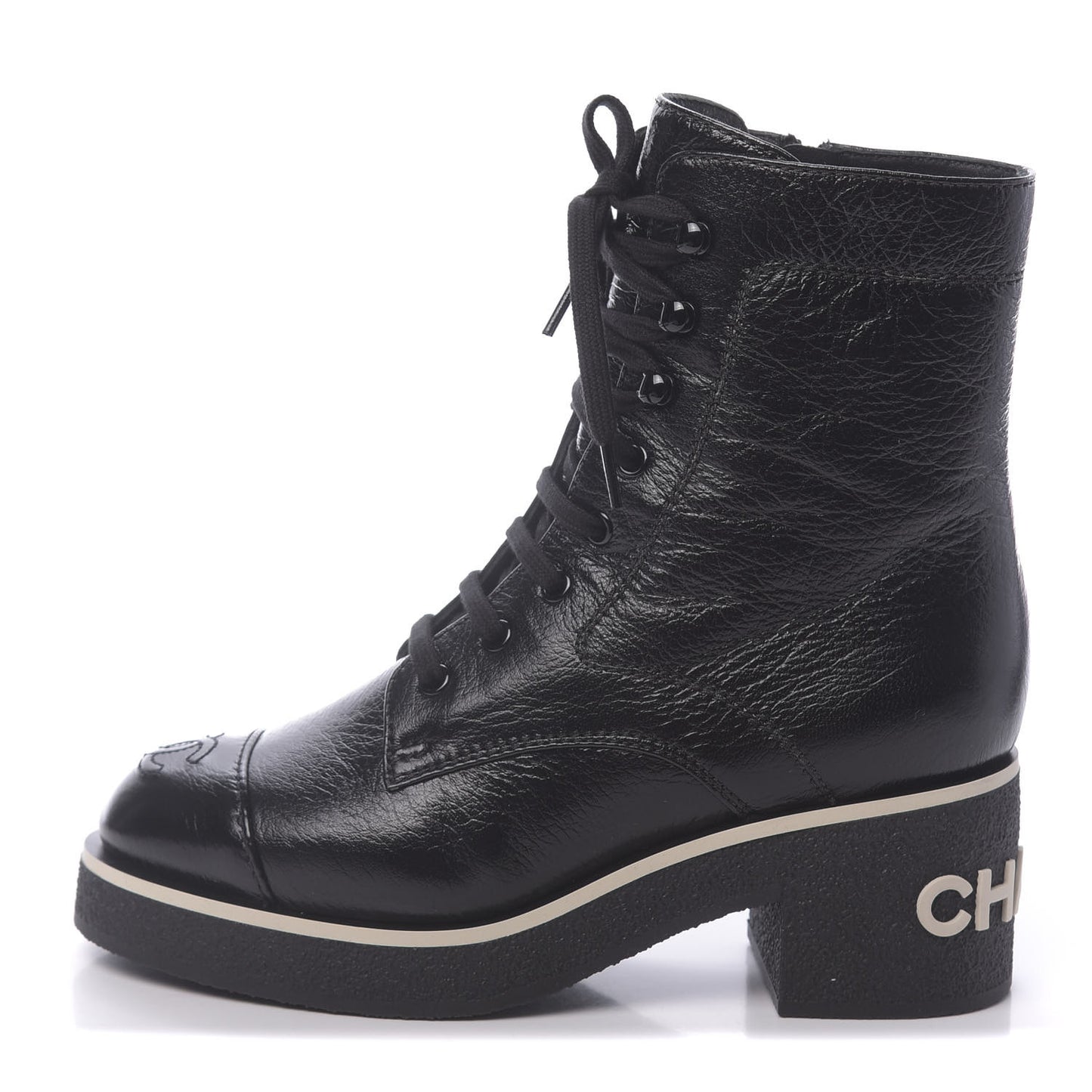 Shiny Crumpled Lambskin Cap Toe CC Lace Up Logo Boots 37 Black