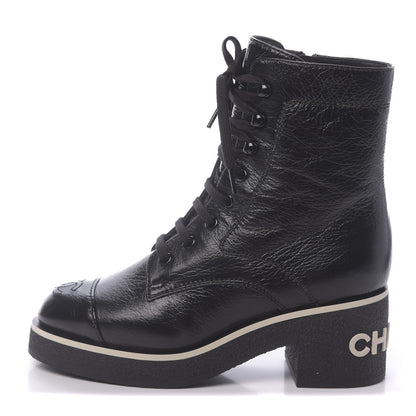 Chanel Shiny Crumpled Lambskin Cap Toe CC Lace Up Logo Boots 37 Black 1 of 8