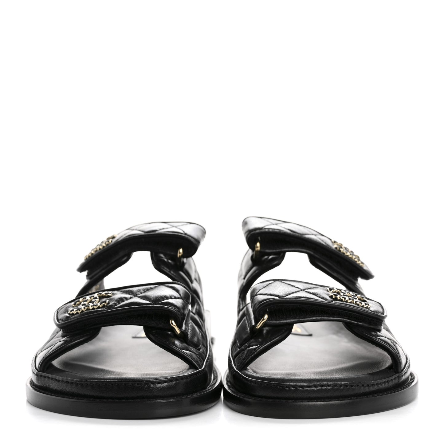 Lambskin Quilted Velcro Dad Chain CC Slide Sandals 36 Black